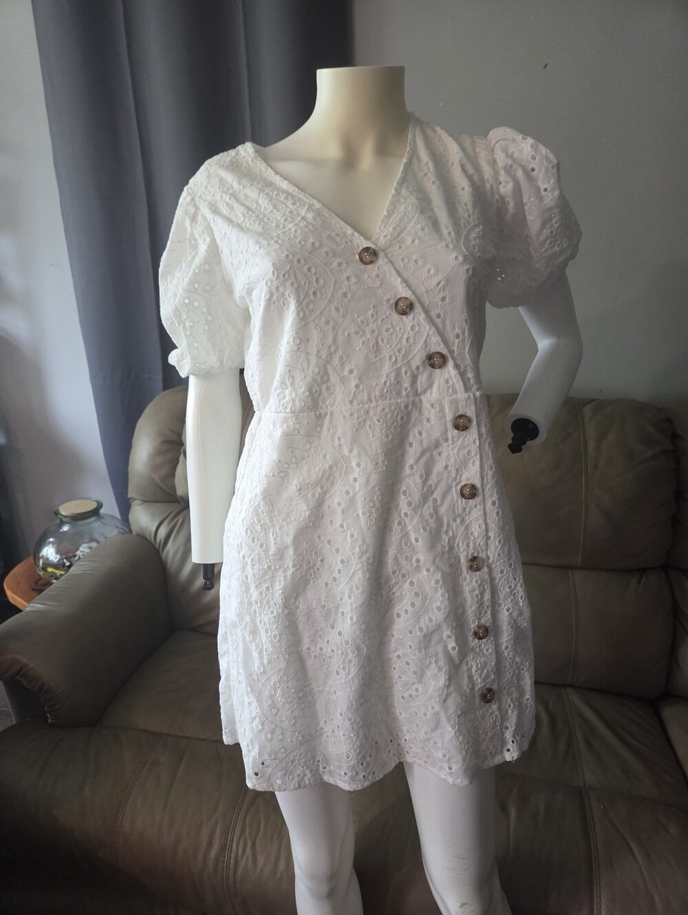 White Eyelet Puff-Sleeve Button Front Dress, Size M, Moon River